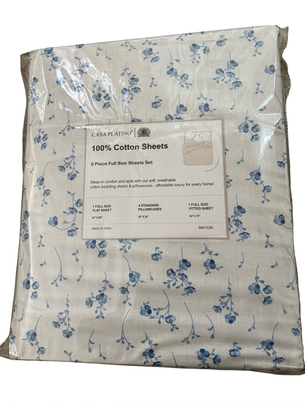 Casa Platino Blue & Cream White Floral 100% Cotton 6 Piece Full Size Sheet Set